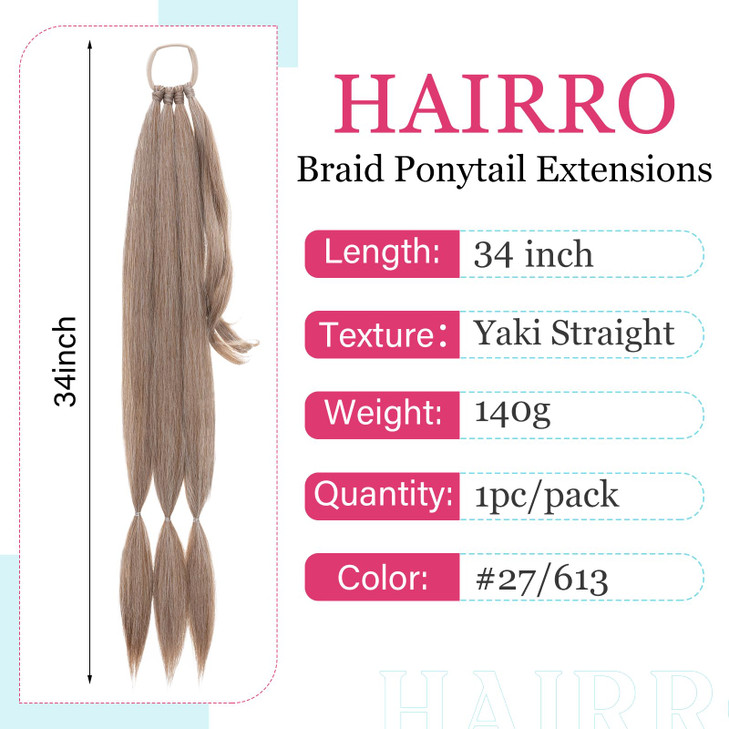 Hairro Long Braided Ponytail Extension DIY Wrap Around Ponytails Synthetic Yaki Straight Braiding Pony Tails Hairpiece For Women 34 Inch #9/24 Natura