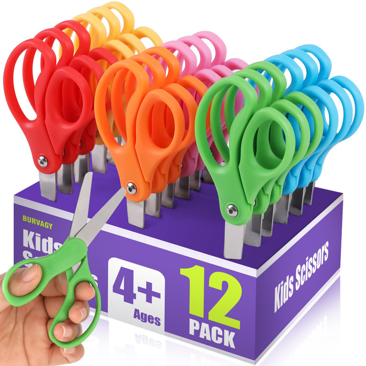 BURVAGY 12 Packs 5 Small School Student Blunt Tip Craft Kids Scissors Stainless Steel Blades Comfort Grip 5 Inch Safety