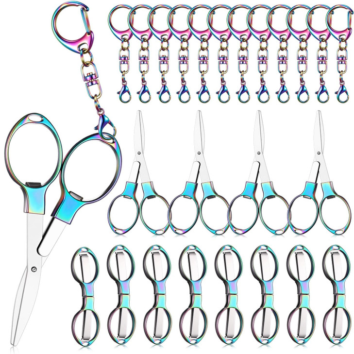 Lanties 12 Pcs Folding Stainless Steel Scissors with 12 Keychains Portable Mini Badge Safety Scissors for Nurse Travel O