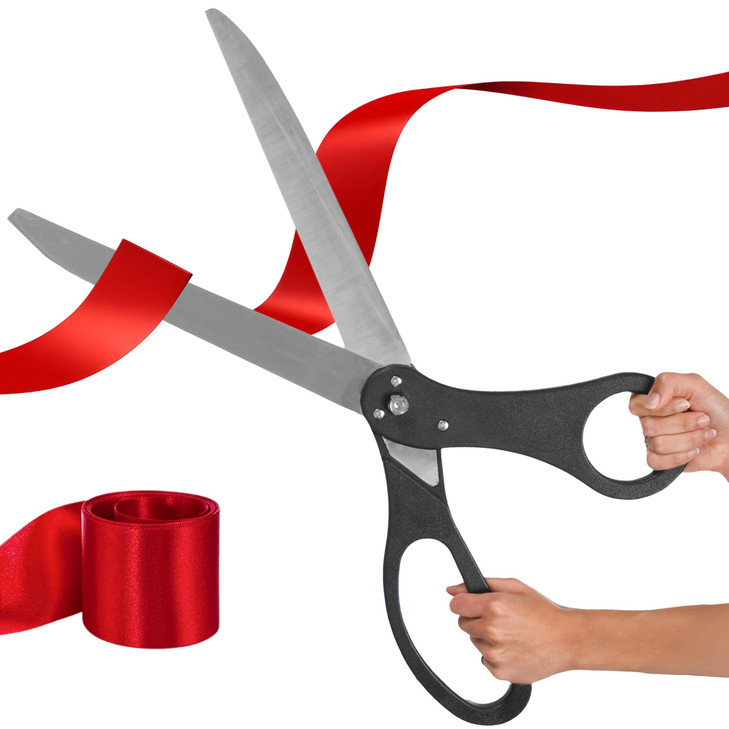 Giant Ribbon Cutting Ceremony Kit Big 25 Inch Black Grand Opening Scissors and Red Satin Ribbon for Special Events Busin
