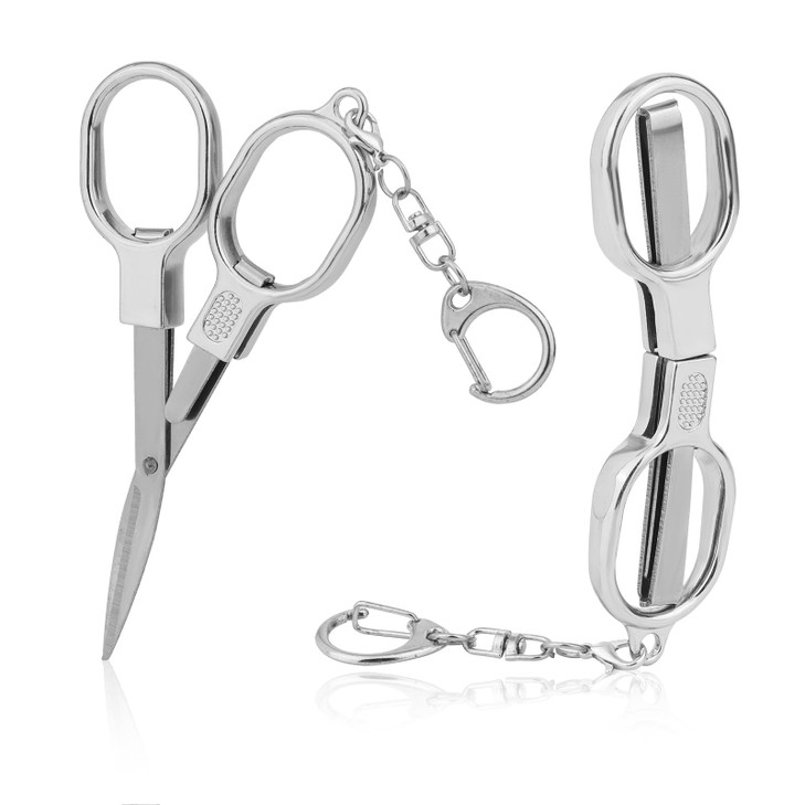 2pcs Mini Folding Scissors Stainless Steel Foldable Nurse Badge Reel Scissors with Key Ring Portable Retractable Pocket