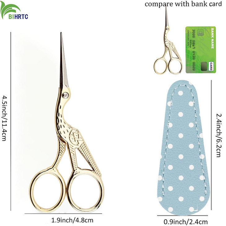 BIHRTC Small Craft 45Inch Embroidery Scissors with Artificial Leather Cover Stainless Steel Tip Bird Stork Scissors Shea