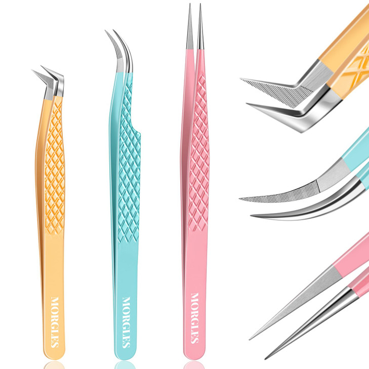 MORGLES Lash Tweezers Fiber Tip, 2 Pcs Curved and Volume Eyelash Tweezers for Lash Extensions with Bag