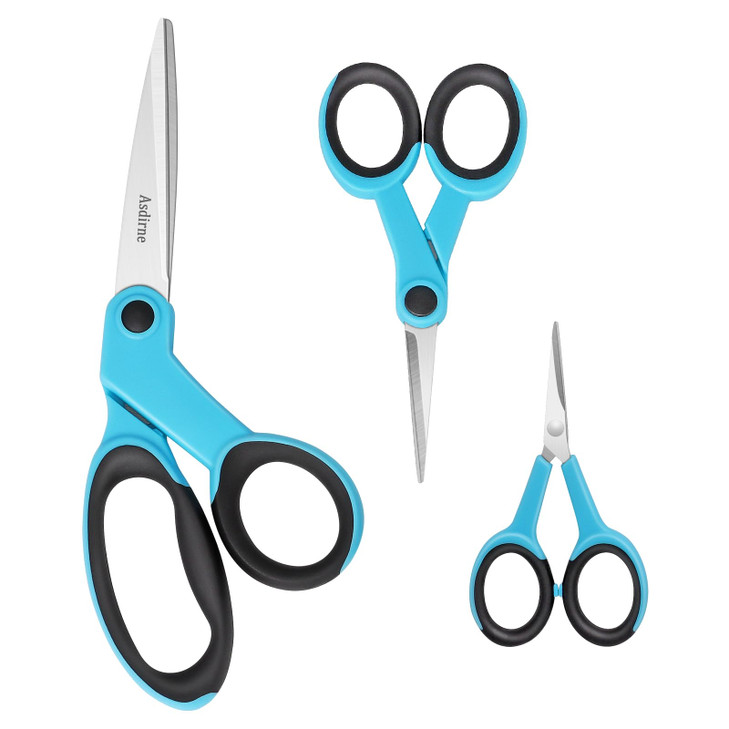 Asdirne Fabric Scissors Set Sharp Stainless Steel Blade and Soft Handles Sewing Craft and Embroidery Scissors 3PCs BlueB