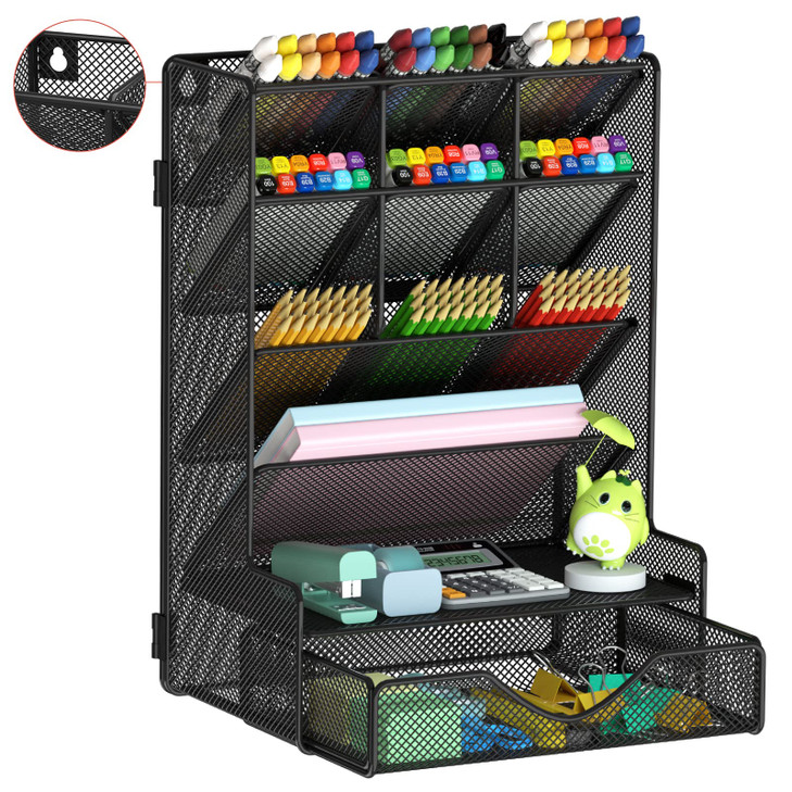 BOHDK Pen Organizer for Desk MultiFunctional Desk Organizer Wall Mount Pen Holder with Drawer for School Office Home Art