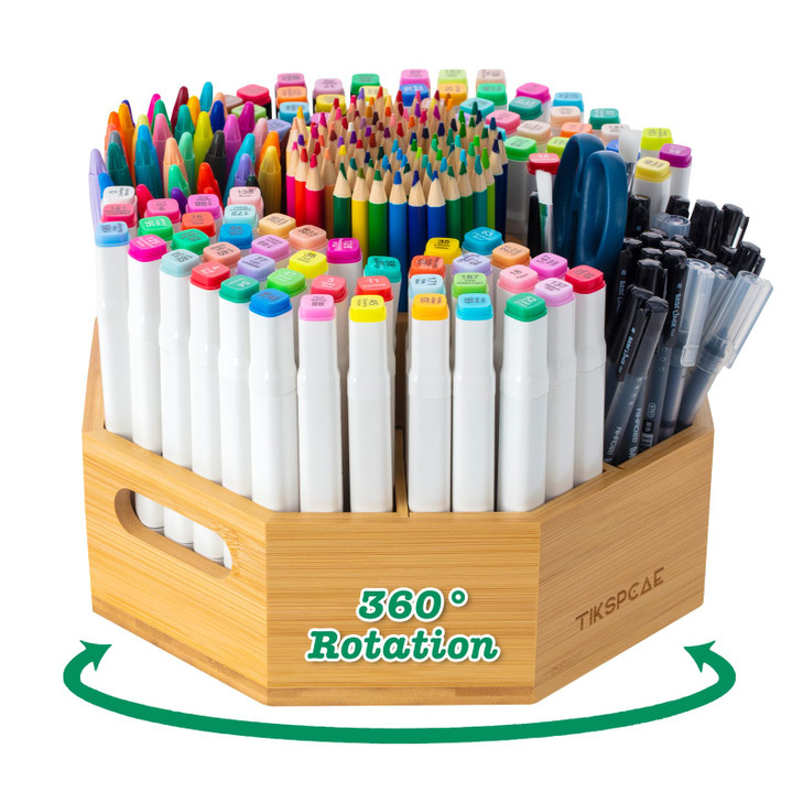 TIKSPCAE 360 Rotating Art Supply Organizer Holds 750 Pencils Bamboo Marker Pen Holder with Handles Desk Storage Caddy fo