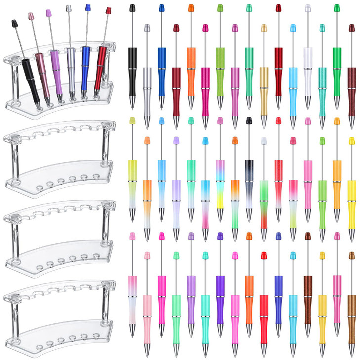 Tenceur 52 Pcs Beadable Mechanical Pens with 48 Plastic Beadable Pen Bulk 4 Pcs 6 Slots Plastic Holder DIY Making Kit Pe