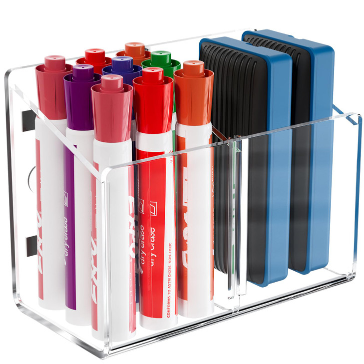 MaxGear Magnetic Dry Erase Marker Holder 2 Compartments Clear Acrylic Pen Marker Organizer with Strong Magnet for Whiteb