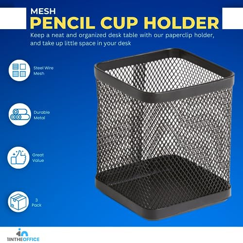 1InTheOffice Pen Holder Cup for Desk Wire Mesh Cup Pencil Holder Metal Pencil Organizer Matte Black 3Pack