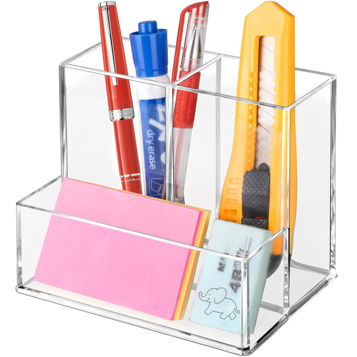 Banafich Pen Holder for Desk Clear Acrylic Pencil Holder for Desk Marker Holder with 3 Compartments Pencil Organizer for