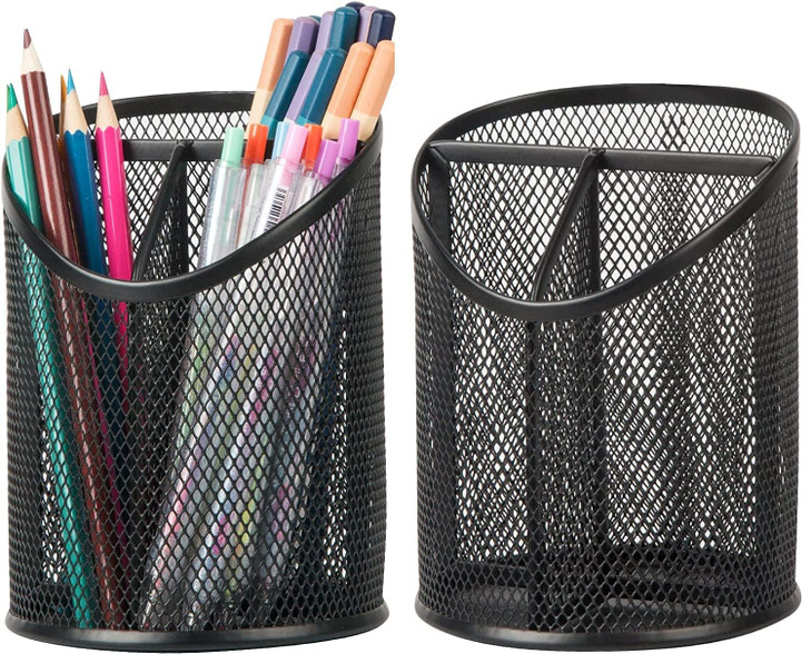 Delifox 2 Pack Pen Holder Mesh Round Pencil Holder Desktop Organizer 3 Compartments Black