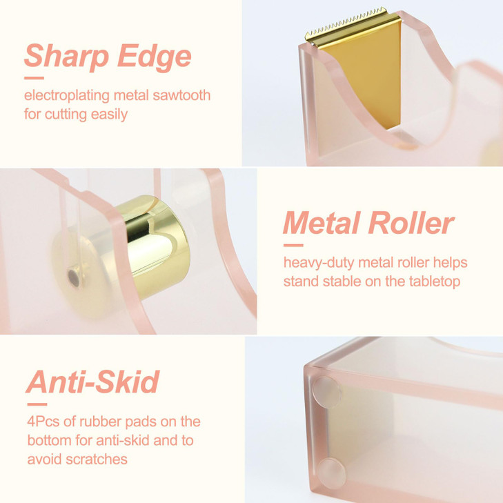 Multibey Clear Acrylic Rainbow 1 Inch Core Desktop Adhesive Tape Dispenser Cutter with Tape Office School Gift Idea Pink