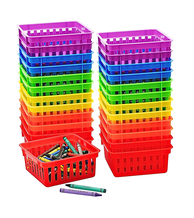 4Es Novelty 24 Pack Small Classroom Storage Baskets Pack Bulk Square 45 Sturdy Plastic Colorful Crayon Pencil Container