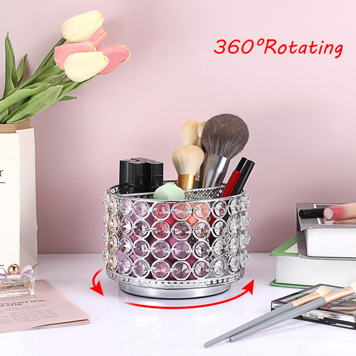 Hipiwe Crystal Vanity Organizer Makeup Brush Holder 360 Rotating Cosmetic Brushes Display Organizers Spinning Remote Con