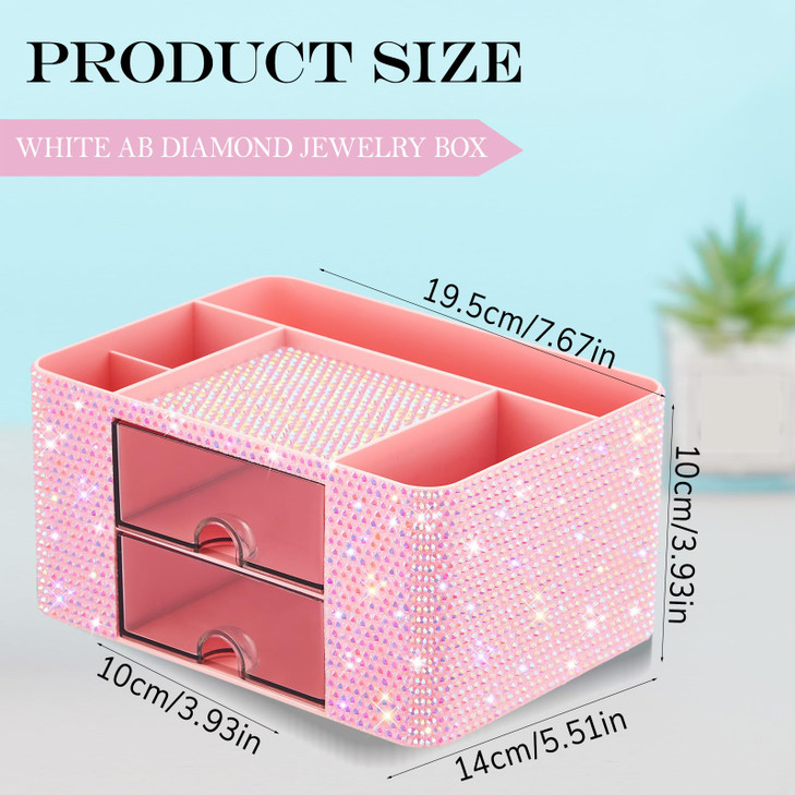MotiMind Pink Bling Desk Organizer with 2 Drawer Sparkly Makeup Organizer for Vanity Girly Desk Accessories Rhinestone P