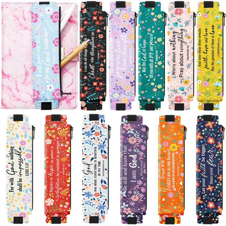 Moinchore 12 Pcs Bible Pencil Pouch Christian Adjustable Pencil Holder Gift Study Supplies Elastic Bible Verse Adjustabl
