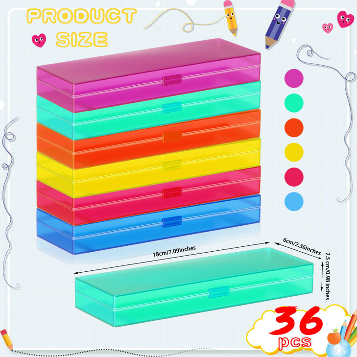 Fainne 36 Pcs Plastic Pencil Case Bulk Plastic Pencil Boxes Frosted Pens Holder with Hinged Lid and Snap Closure for Sta