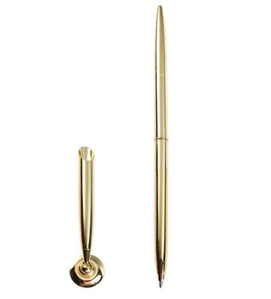 Myuiao Gold Pen And Pen Stand Round Pen Holder Signing Pen Set Metal Attached To Desk Base Stands For Wedding Office Bal