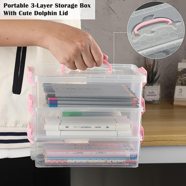 BTSKY 3 Layers Dolphin Clear Plastic Pencil Box Multipurpose Pencil Case Craft Storage Containers with Lid Handle Easy C