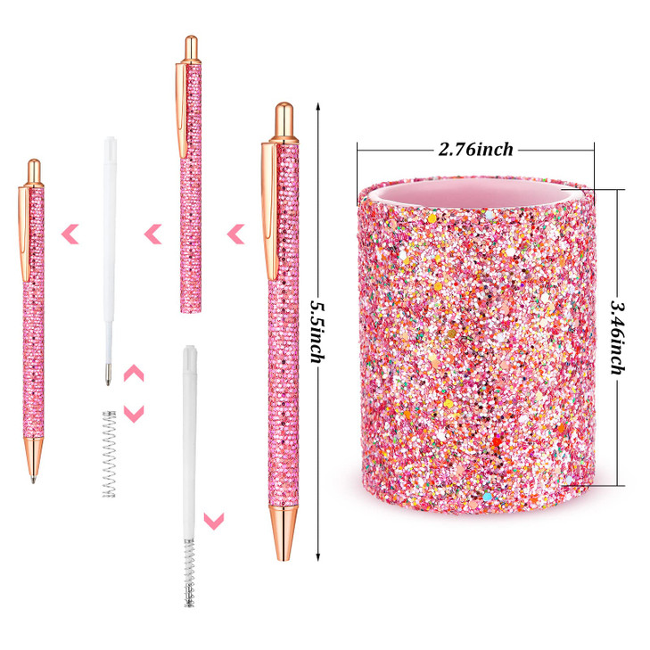 BBTO Bling Sequin Pen Holder with 6 Pcs Sequin Click Pens Cute Glitter Retractable Ballpoint Pens Pencil Cups for Desk O