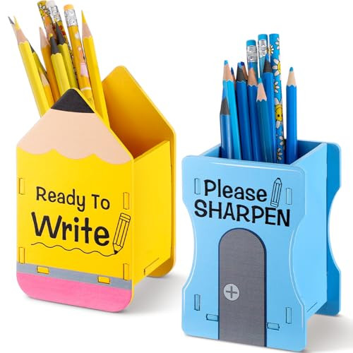 Sherr 2 Pcs Wood Pencil Holder Pencil and Sharpener Shaped Sharp and Dull Pen Holder Back to School Wooden Dispenser Sto