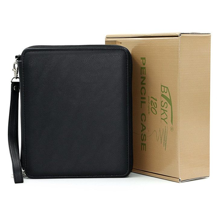 BTSKY Deluxe PU Leather Pencil Case For Colored Pencils 120 Slot Pencil Holder with Handle Strap Handy Colored Pencil Bo