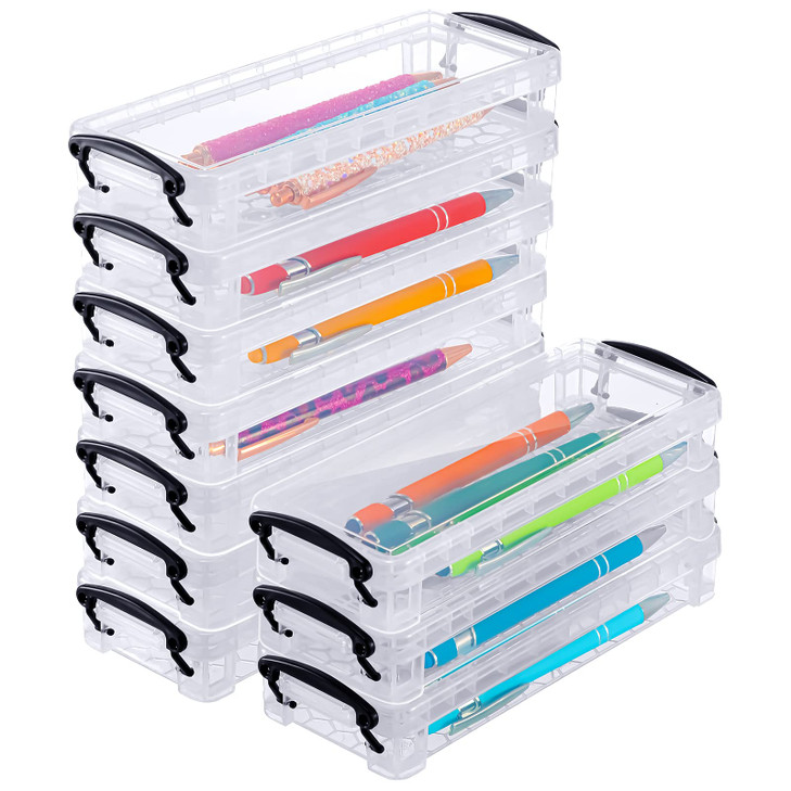 Crtiin 10 Pack Plastic Pencil Storage Boxes 8 x 31 x 14 Inches Large Clear Pens Cases with Lid Stackable Transparent Con