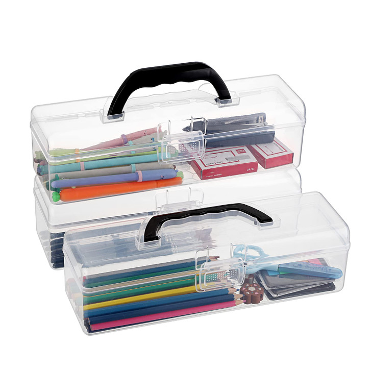 BTSKY 3 Pack Long Plastic Pencil Box Portable Clear Home Utility Boxes with Black Handle Stationery Storage Organizer Pa