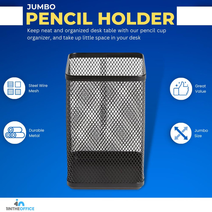 1InTheOffice Pencil Cups for Desk Jumbo Pencil Holder Stackable Wire Mesh Jumbo Pencil Holder Matte Black 2 pack