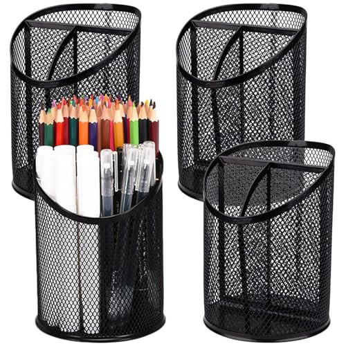 Nicunom 4 Pack Pen Holder Mesh Pencil Holder Round Pen Cup for Desk 3 Compartments Desktop Pencil Organizer for Office H