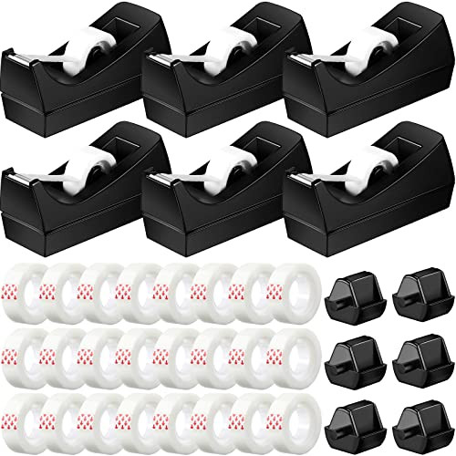 Yahenda 6 Pack Desktop Tape Dispenser Non Skid Base with Transparent Invisible Tape and Replacement Cores for Wrapping H