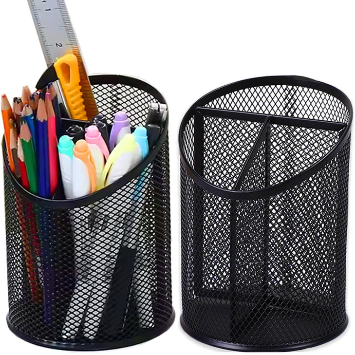 MINDEPOT 2 Pack Mesh Pencil Holder Pen Cup for Desk Round Black Pen Holder Desktop Pen Organizer 3 Compartments Pencil O