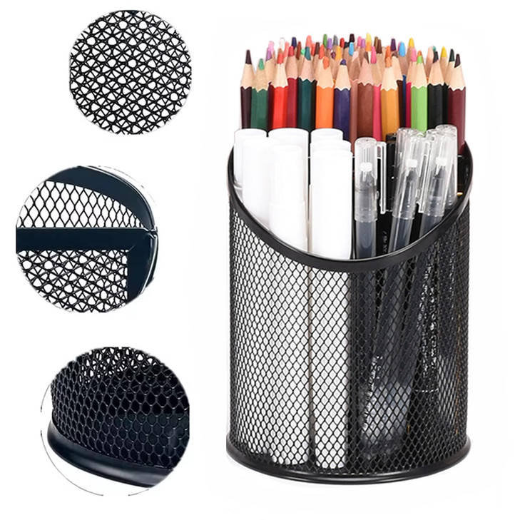 MINDEPOT 2 Pack Mesh Pencil Holder Pen Cup for Desk Round Black Pen Holder Desktop Pen Organizer 3 Compartments Pencil O