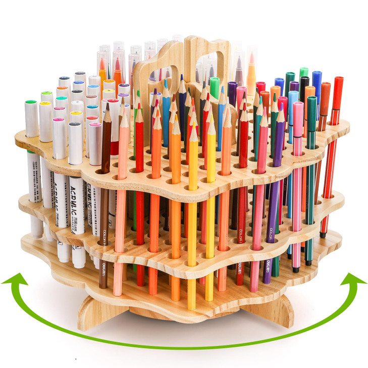 Peohud Wooden Pen Holder 124 Slots Rotating Pencil Display Stand Portable Paint Brush Organizer for Colored Pencils Wate