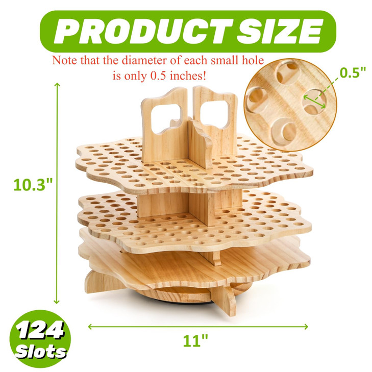 Peohud Wooden Pen Holder 124 Slots Rotating Pencil Display Stand Portable Paint Brush Organizer for Colored Pencils Wate