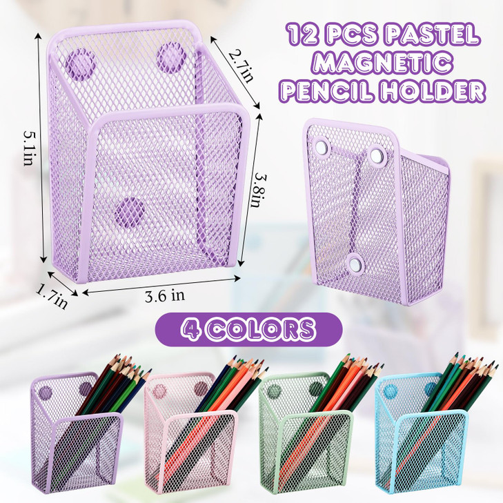 AmazingSpark 12 Pcs Pastel Magnetic Pencil Holder Mesh Stainless Steel Pen Basket Metal Pencil Locker Organizer Accessor