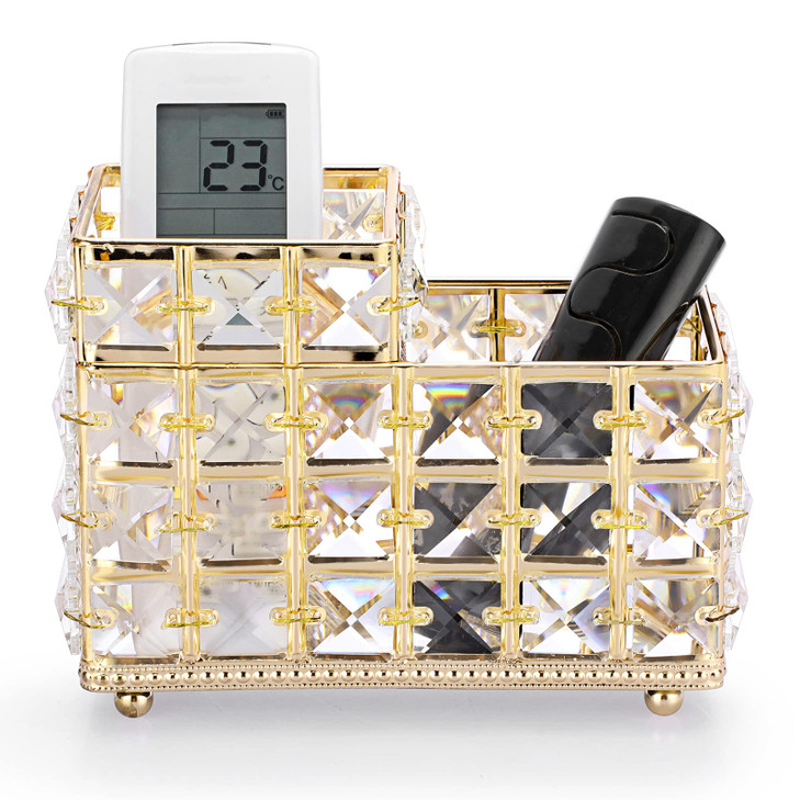 Hipiwe Crystal Remote Control Holder Gold Bling Makeup Brush Organizer Remote Caddy Candle Tabletop Pen Pencil Storage f