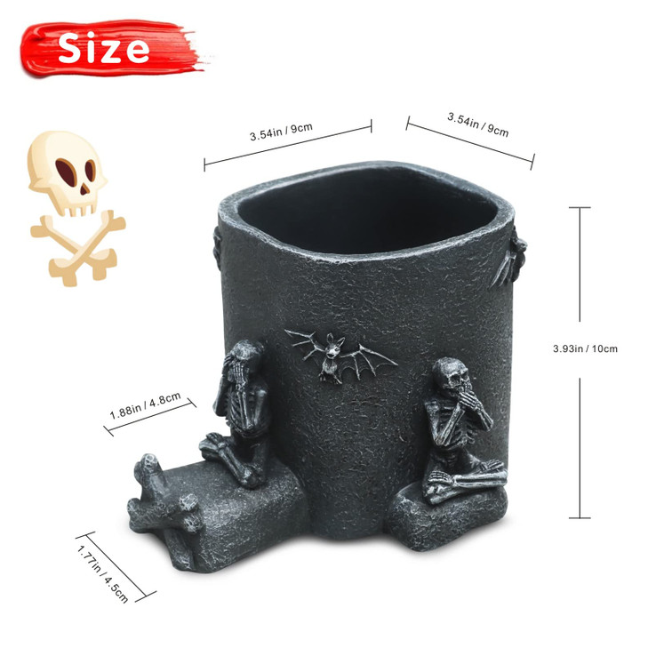 Skull Decor Pen Holder with Phone Stand Gothic Desk Accessories Black Skeleton Pencil Storage Organizers Goth Offices Su