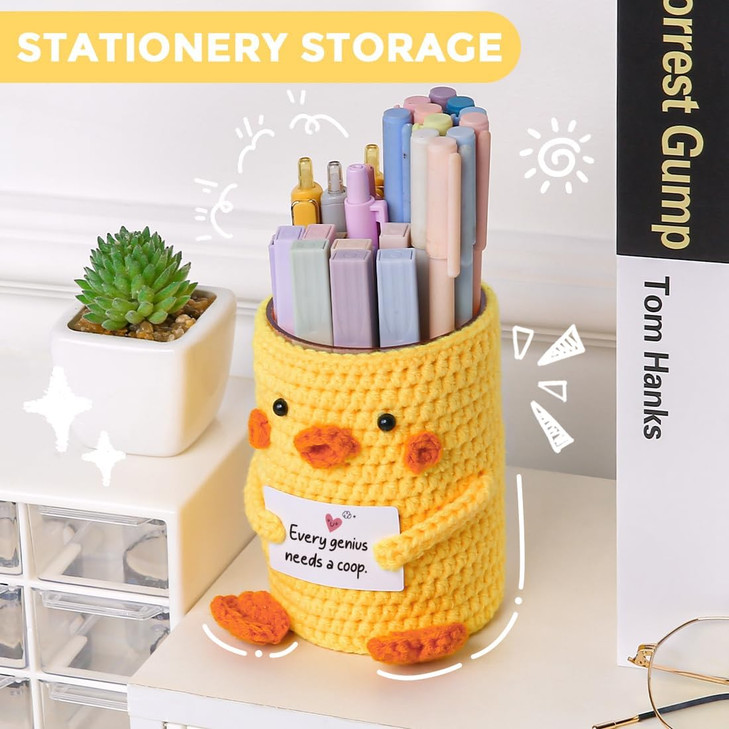 SKYDUE Crocheted Pen Pencil Holder with Inspirational Card Handmade Desk Organizer for Office School Home Functional Des