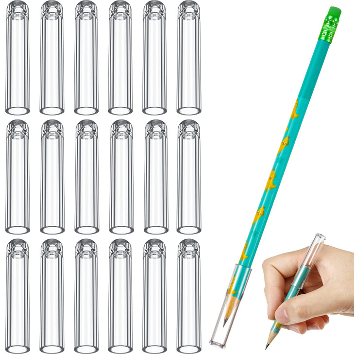 Spakon 18 Pieces Plastic Pencil Caps Pen Tip Protector Cover Clear Pencil Toppers Caps for Wooden Pen Extender Holders f
