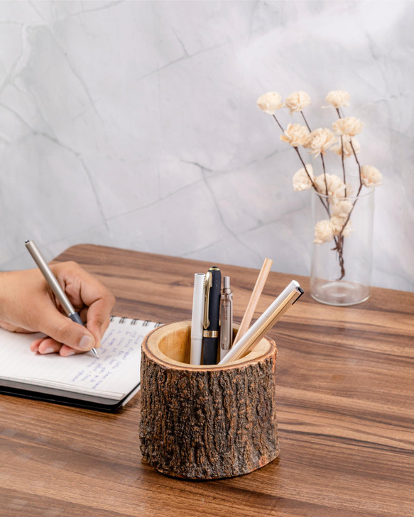 Mie Creations Rustic Wood Pencil Cup Pen Holder for Table Vintage Antique Wooden Office Desktop Stationary Organizer Cut
