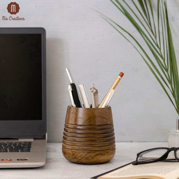 Mie Creations Wooden Pencil Holder for Desk Table Wood Pen Cup Rustic Office Desktop Organizer Paintbrush Stand Makeup B