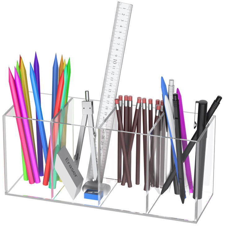 Uniclife Clear Acrylic Pen Holder for Desk Plastic Pencil Holder Pen Organizer with 4 Compartments Desktop Stationery Or