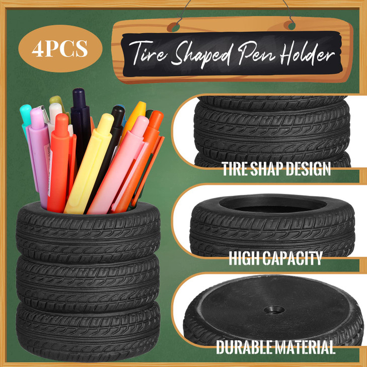 Crtiin 4 Pcs Tire Shaped Pen Holder Car Tire Planter Holder for Men Mechanic Gift Desk Office Home School Accessories De