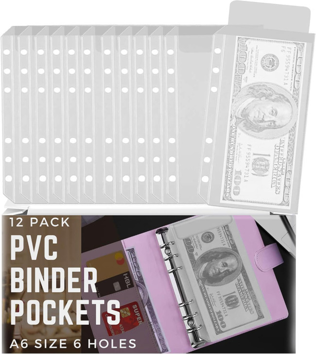 Performore Zipless Frosted A6 Binder Pockets 12Pack Waterproof 6Hole Envelopes PVC Sleeves for Cash Budgeting A6 6Ring B