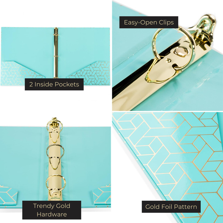 BLU MONACO Aqua 3Ring Binders Set of 2 Decorative 1Inch Binder with Gold Foil Woven Cover Easy Open Clips and Pockets Cu
