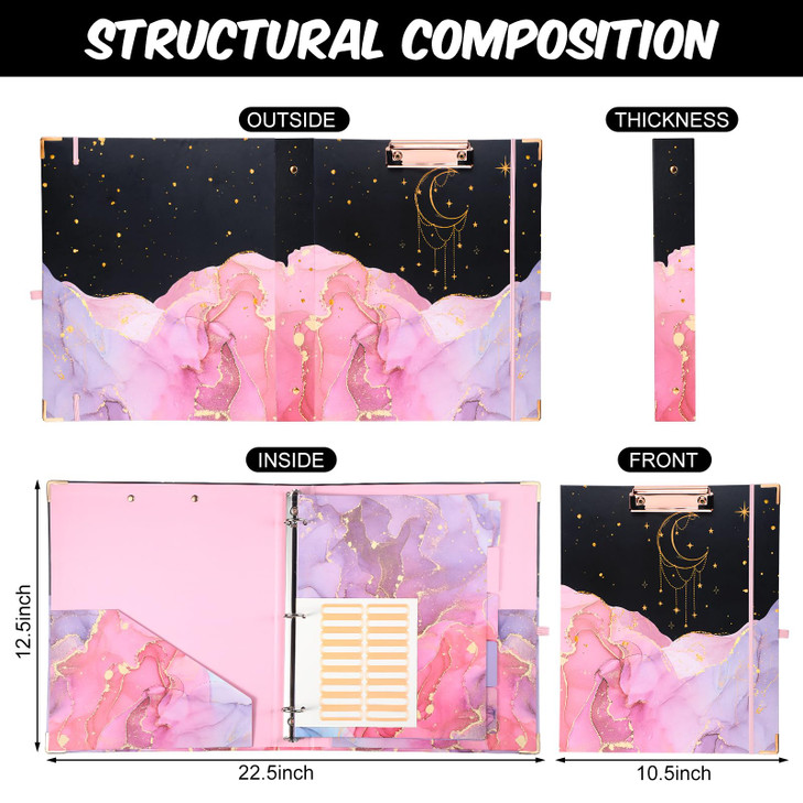 Harloon 3 Ring Binder 1 Inch Marble Binder with Clipboard Organize 5 Tab Dividers 2 Pockets Label Stickers for Women Mot