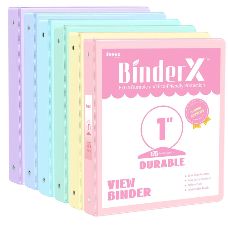 6 Pack Extra Durable 3 Ring Binders 1 inch Sooez 1 Three Round Ring Binders with Pockets Cute Customizable Clear View Co