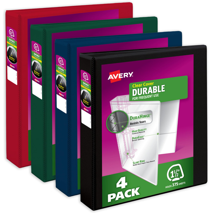 Avery Durable View 3 Ring Binders 15 Inch Slant Rings 375Sheet Capacity Assorted Dark Colors 4Pack 05622 for School Offi