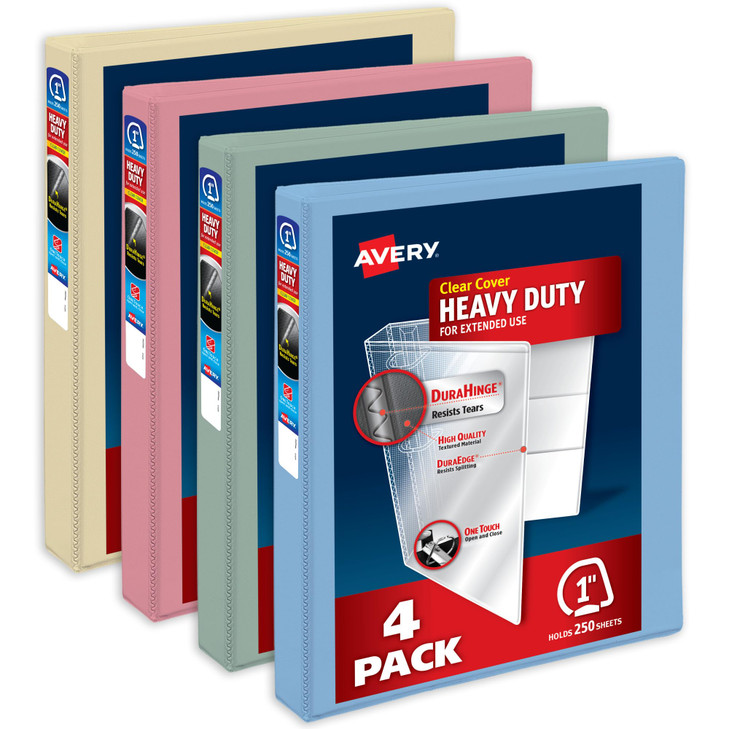 Avery HeavyDuty View 3 Ring Binders 1 Inch One Touch Slant Rings 250Sheet Capacity Assorted Pastel Colors 4Pack 79631 fo